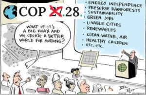 Last Chance Climate Summit Cartoon with a skeptic saying "What if it's a big hoax and we create a better world for nothing?"