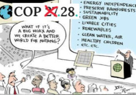 Last Chance Climate Summit Cartoon with a skeptic saying "What if it's a big hoax and we create a better world for nothing?"